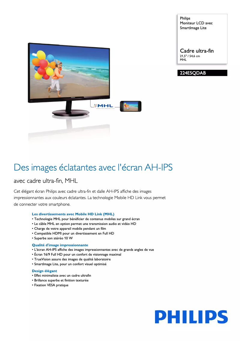 Page n°1 - Fiche technique Philips 224E5QDAB