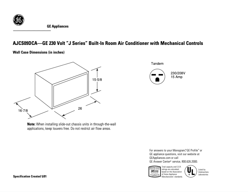 Page 1 of the manual Technical Sheet GE AJCS09DCA