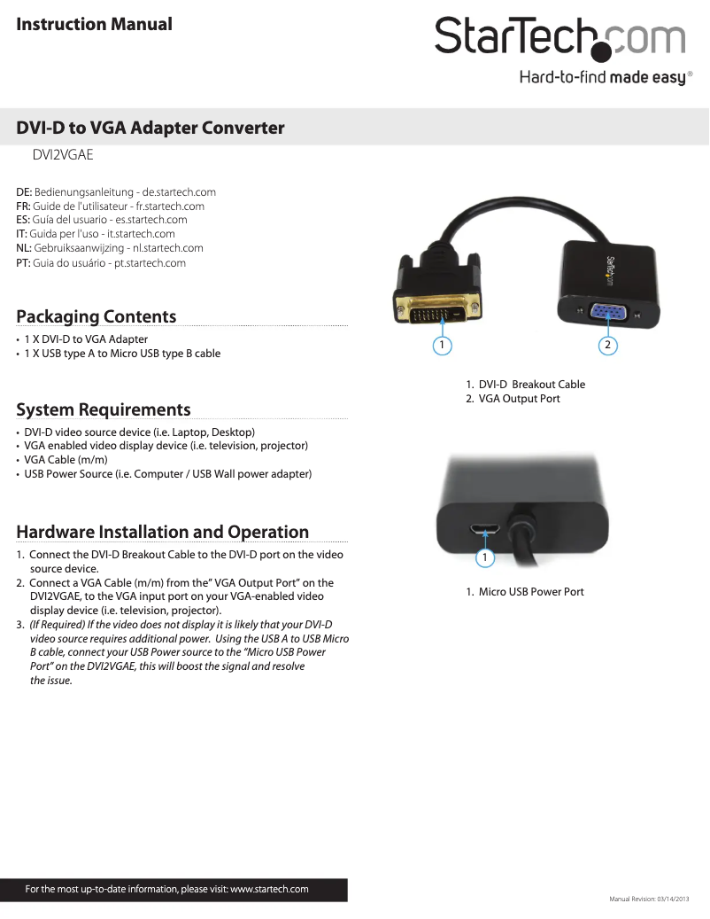 Page 1 de la notice Mode d'emploi StarTech.com DVI2VGAE