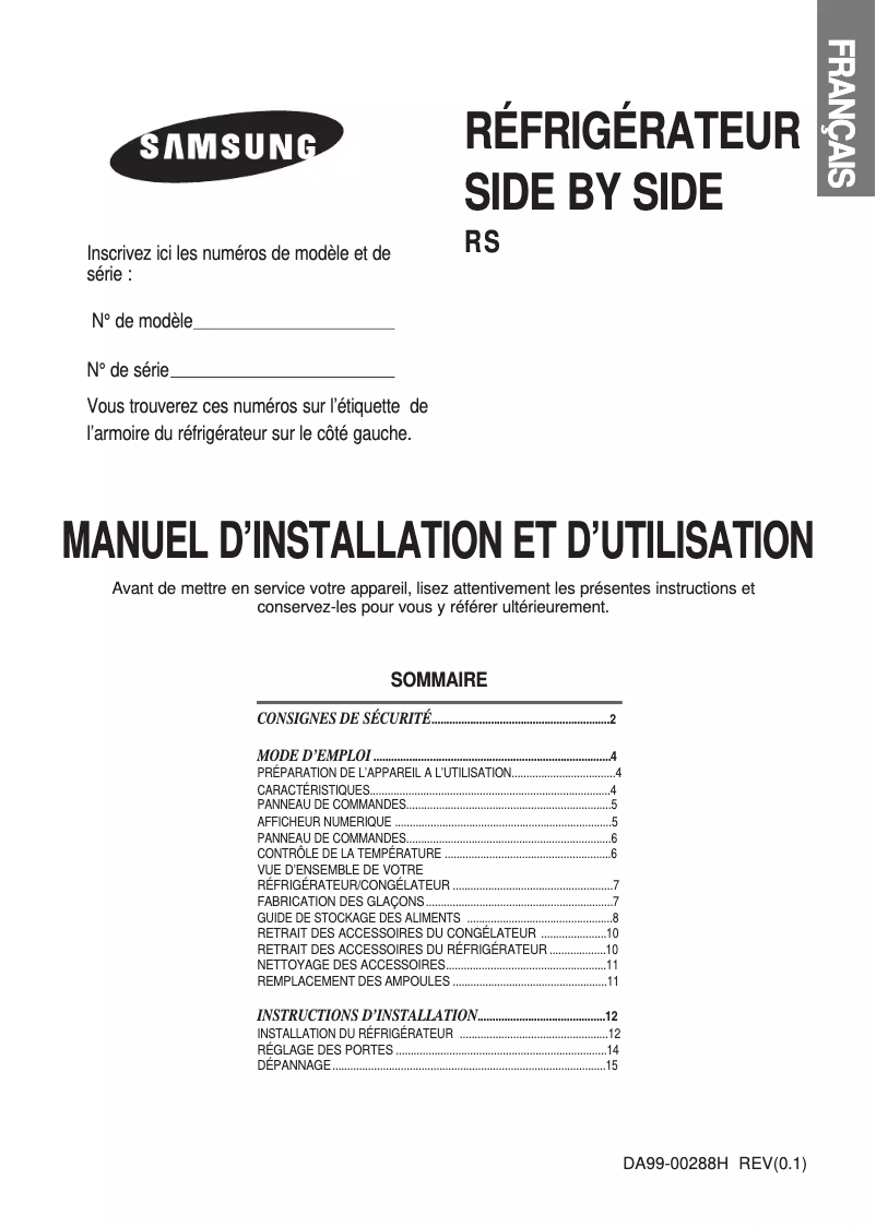 Page 1 de la notice Manuel utilisateur Samsung RS20CCMS