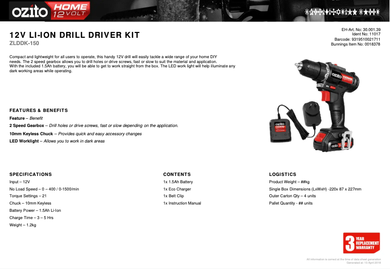 Page 1 de la notice Fiche technique Ozito ZLDDK-150