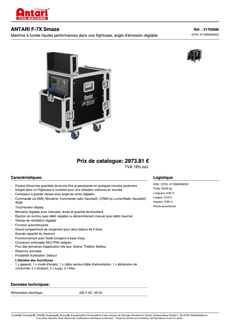 Page 1 de la notice Fiche technique Antari F-7X