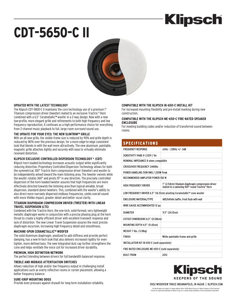 Page 1 de la notice Fiche technique Klipsch CDT-5650-C II