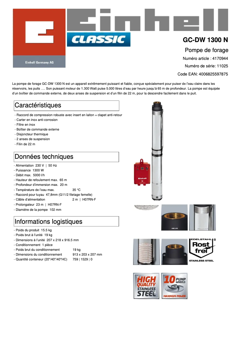 Page 1 de la notice Fiche technique Einhell GC-DW 1300 N