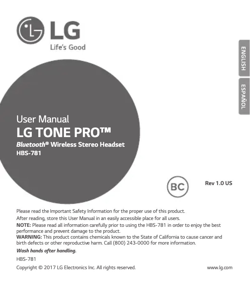 Image de la première page du manuel de l'appareil Tone Pro HBS-781
