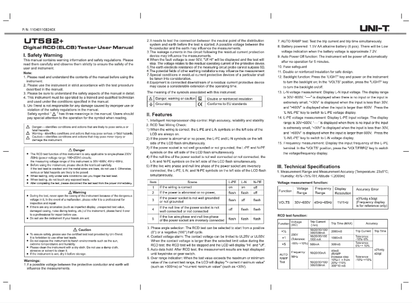 Page 1 de la notice Manuel utilisateur Uni-T UT582+