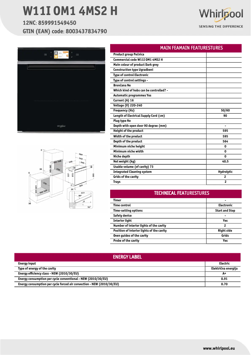 Página 1 del manual Ficha técnica Whirlpool W11I OM1 4MS2 H