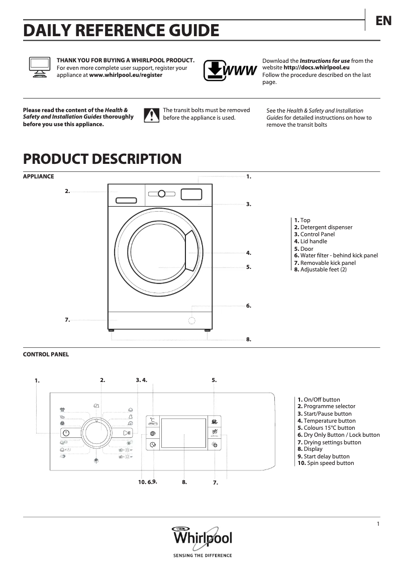 Page 1 de la notice Manuel utilisateur Whirlpool WWDC9716