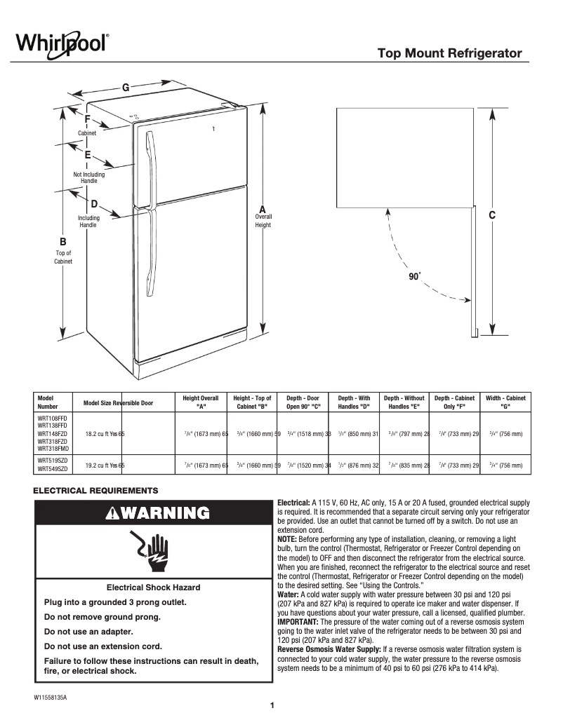Página 1 del manual Ficha técnica Whirlpool WRT138FFDM