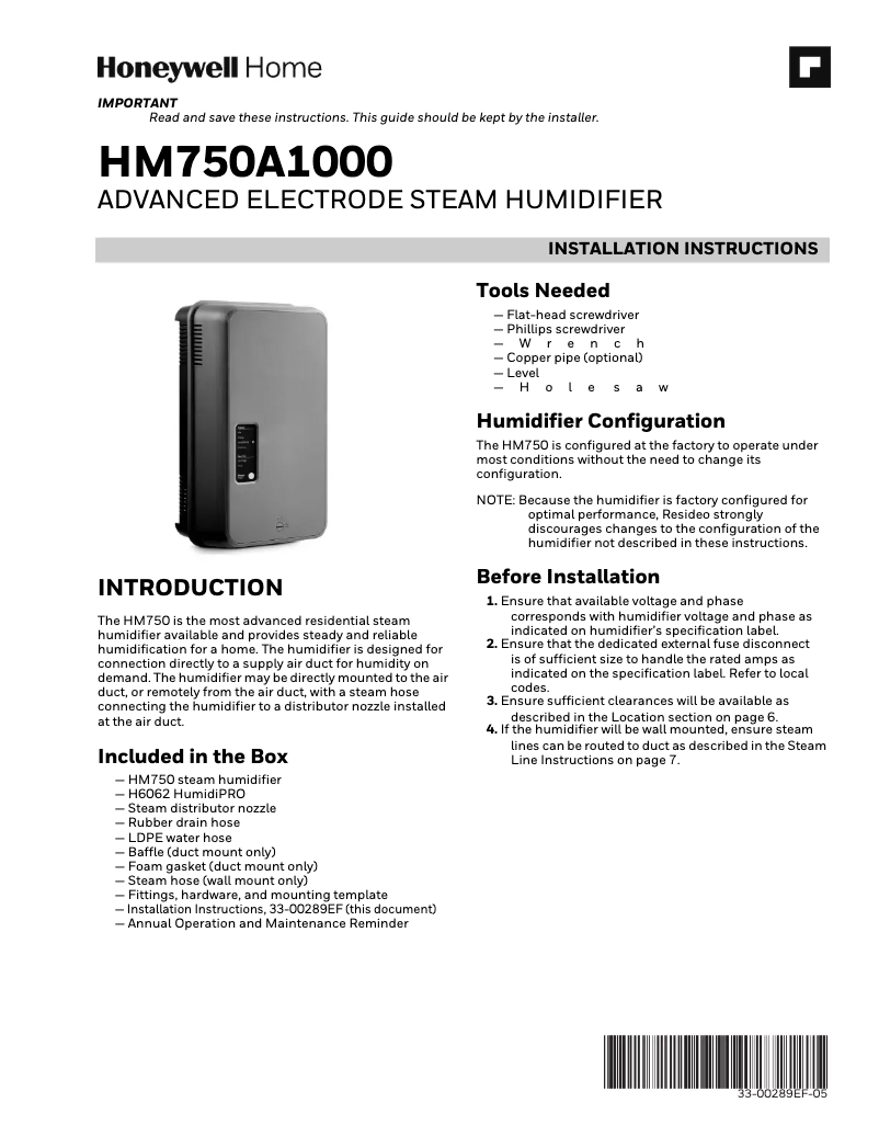 Page 1 de la notice Manuel utilisateur Honeywell HM750APCB