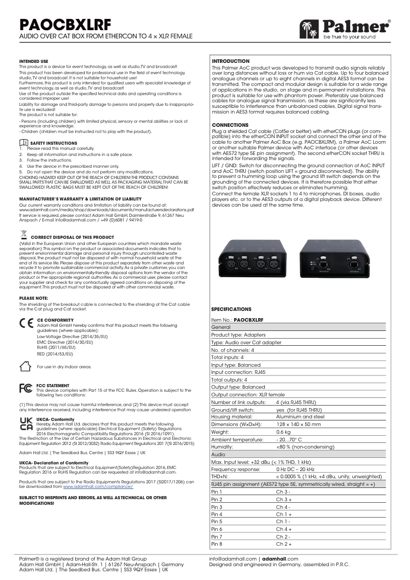 Page n°1 - Manuel utilisateur Palmer AoC Box XLRf