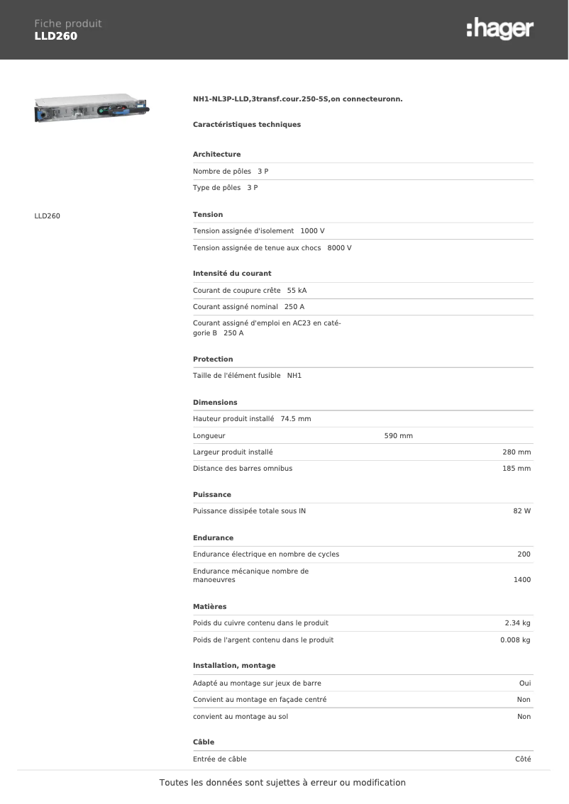 Page n°1 - Fiche technique Hager LLD260