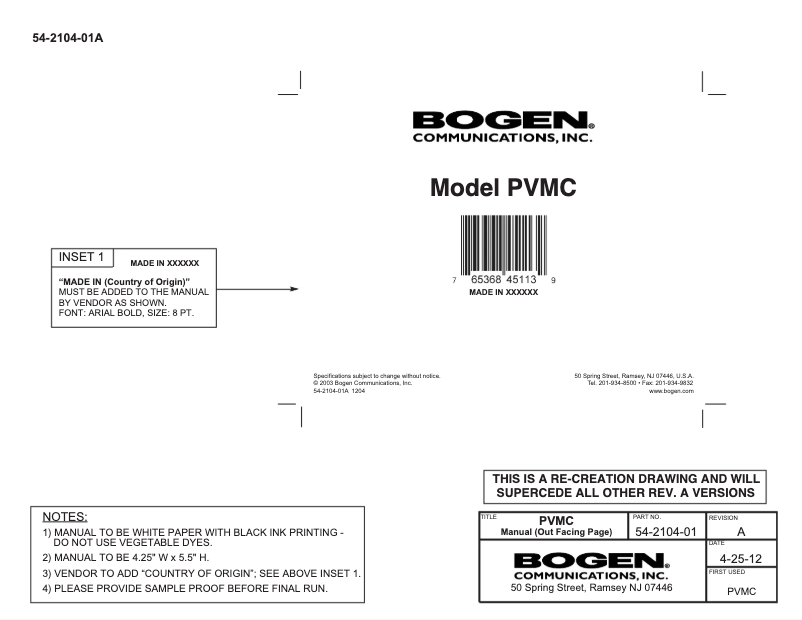 Page 1 de la notice Manuel utilisateur Bogen PVMC