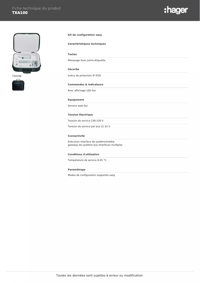 Page n°1 - Fiche technique Hager TXA100