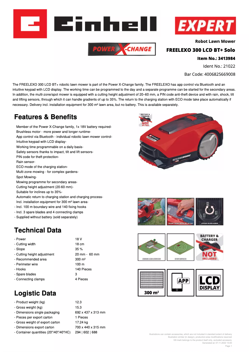 Page 1 de la notice Fiche technique Einhell Freelexo 300 LCD BT+ Solo