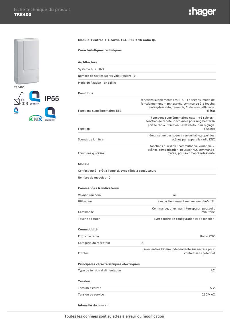 Page n°1 - Fiche technique Hager TRE400