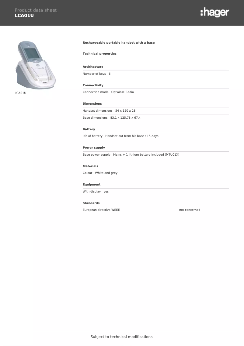 Page 1 de la notice Fiche technique Hager LCA01U