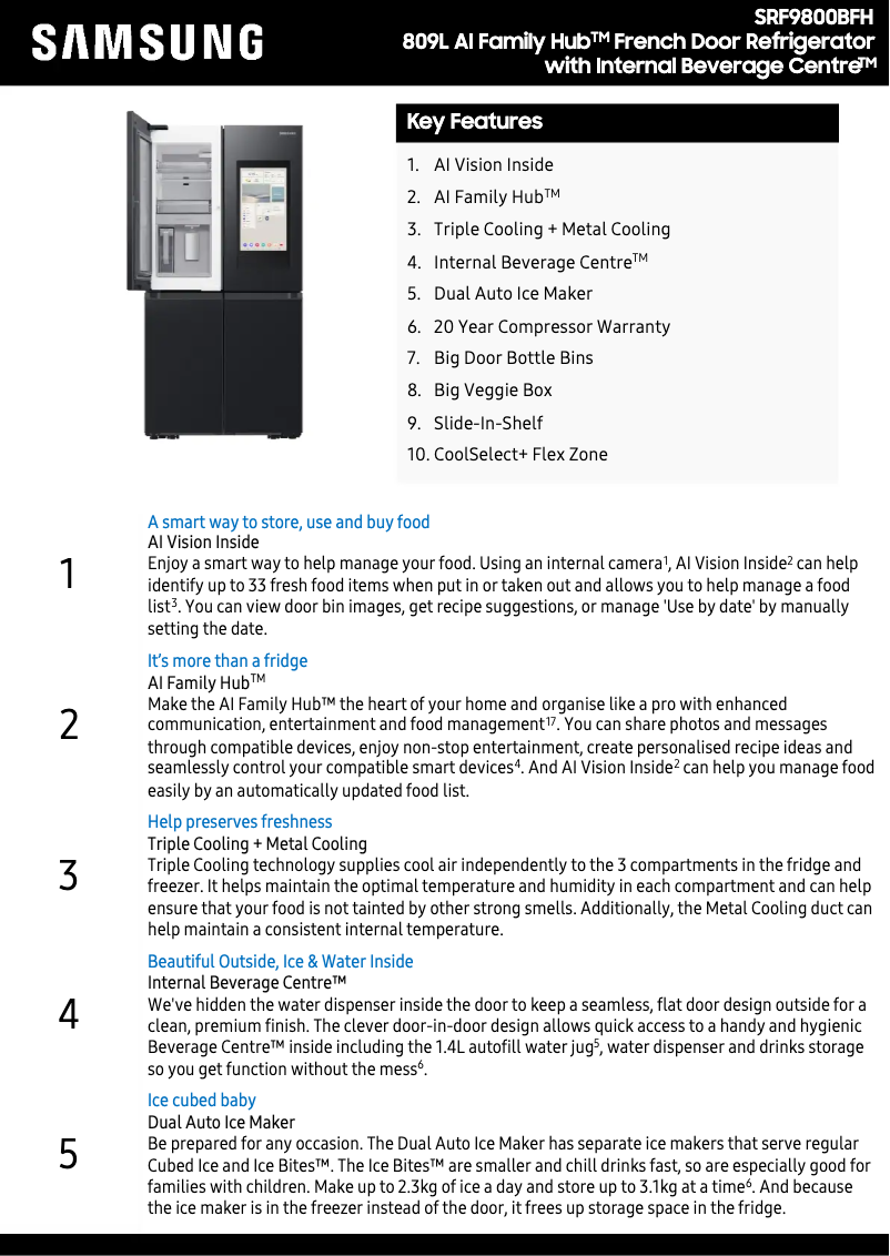 Page 1 de la notice Fiche technique Samsung SRF9800BFH