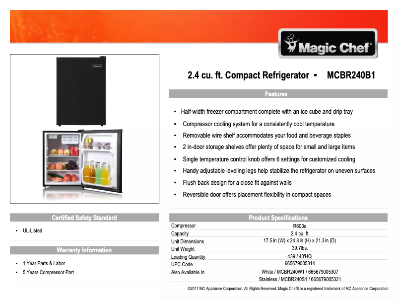 Page 1 de la notice Fiche technique Magic Chef MCBR240