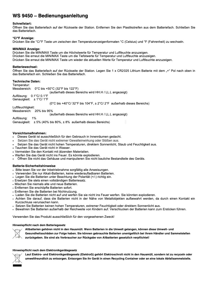 Page n°1 - Manuel utilisateur Techno Line WS 9450