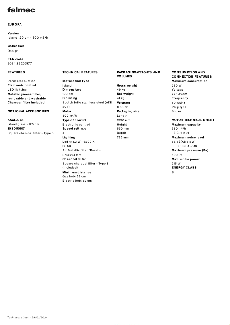 Page n°1 - Fiche technique Falmec Europa