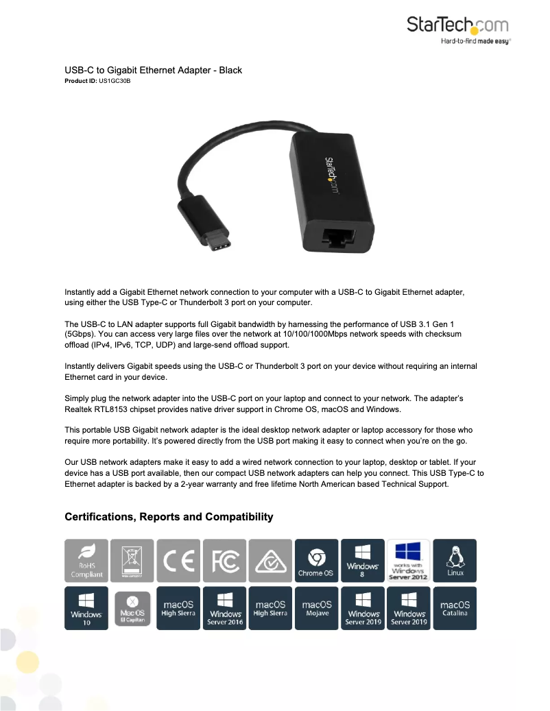 Page 1 de la notice Fiche technique StarTech.com US1GC30B