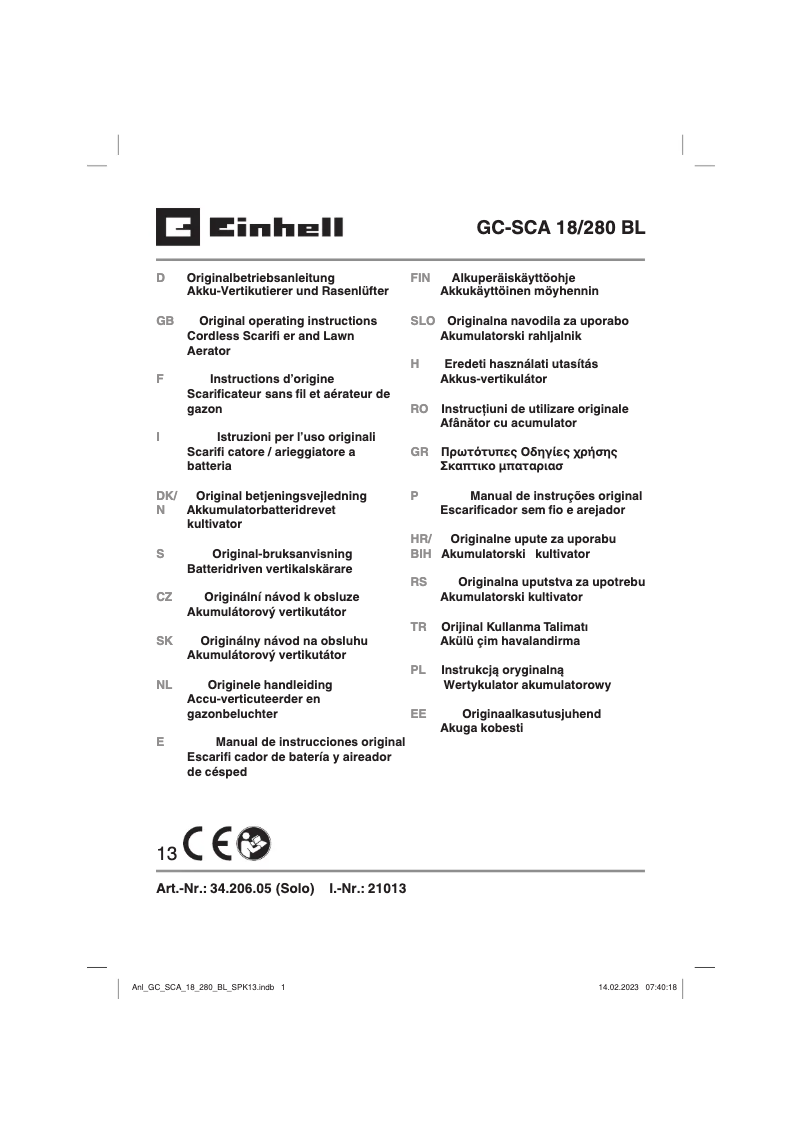 Page n°1 - Manuel utilisateur Einhell GC-SCA 18/280 BL