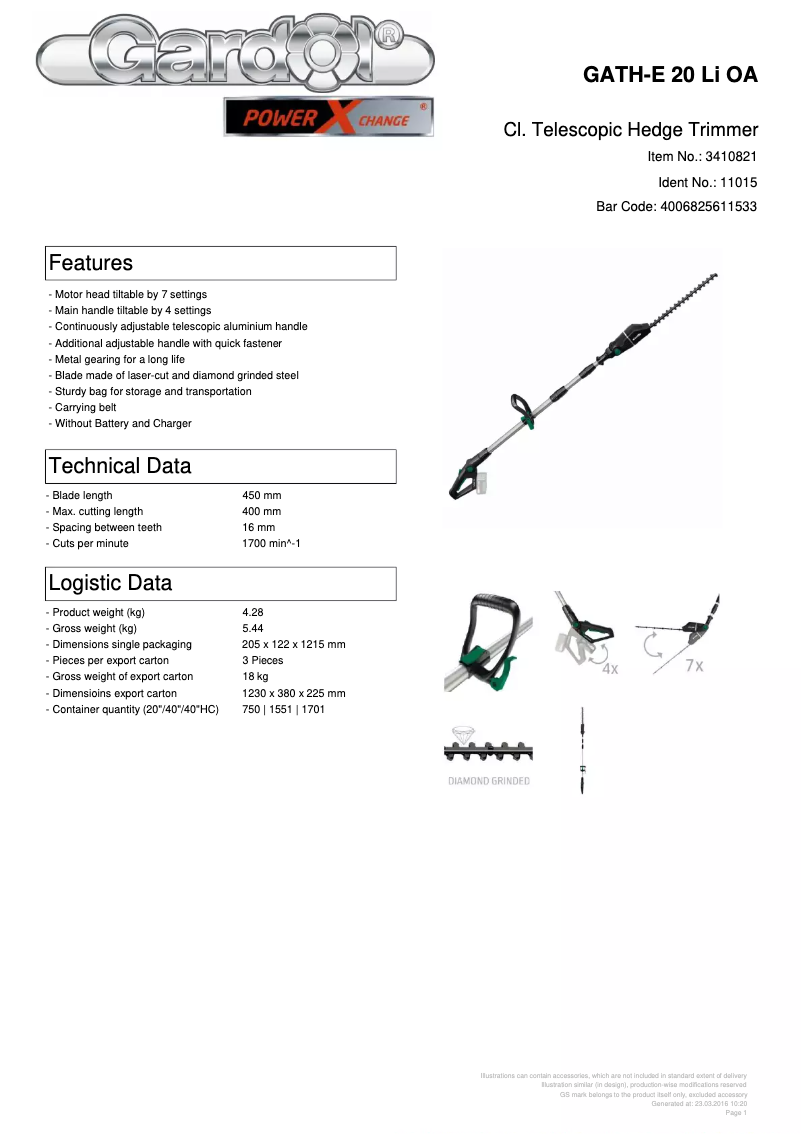 Page 1 de la notice Fiche technique Gardol GATH-E 20 Li OA