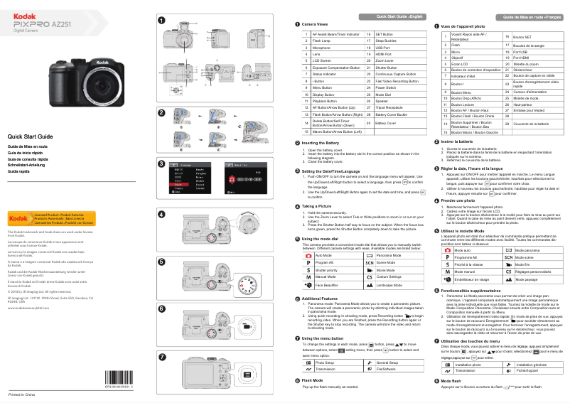 Page 1 de la notice Guide de démarrage rapide Kodak Pixpro AZ251