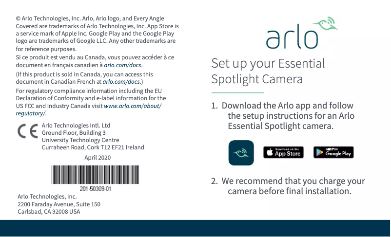 Page 1 de la notice Guide de démarrage rapide Arlo Essential Indoor Camera