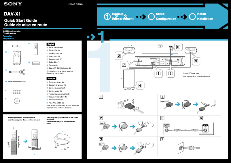 Page 1 de la notice Guide d'installation Sony DAV-X1