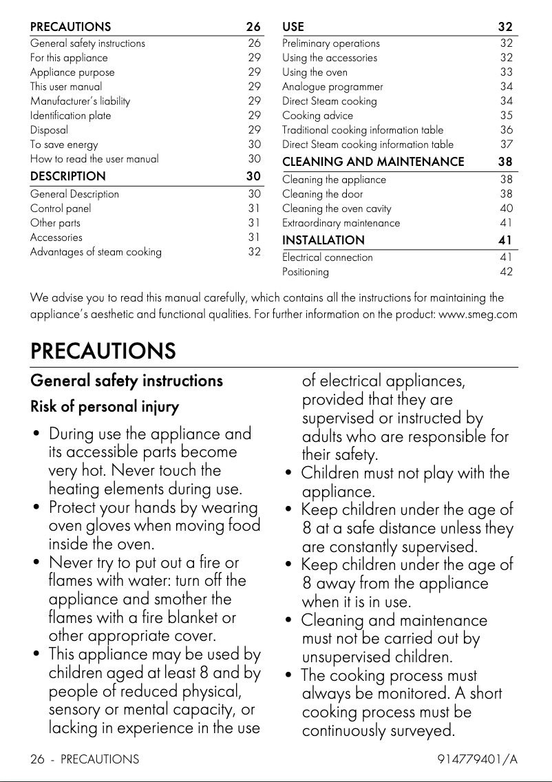 Página 1 del manual Folleto Smeg SF67C1DPO