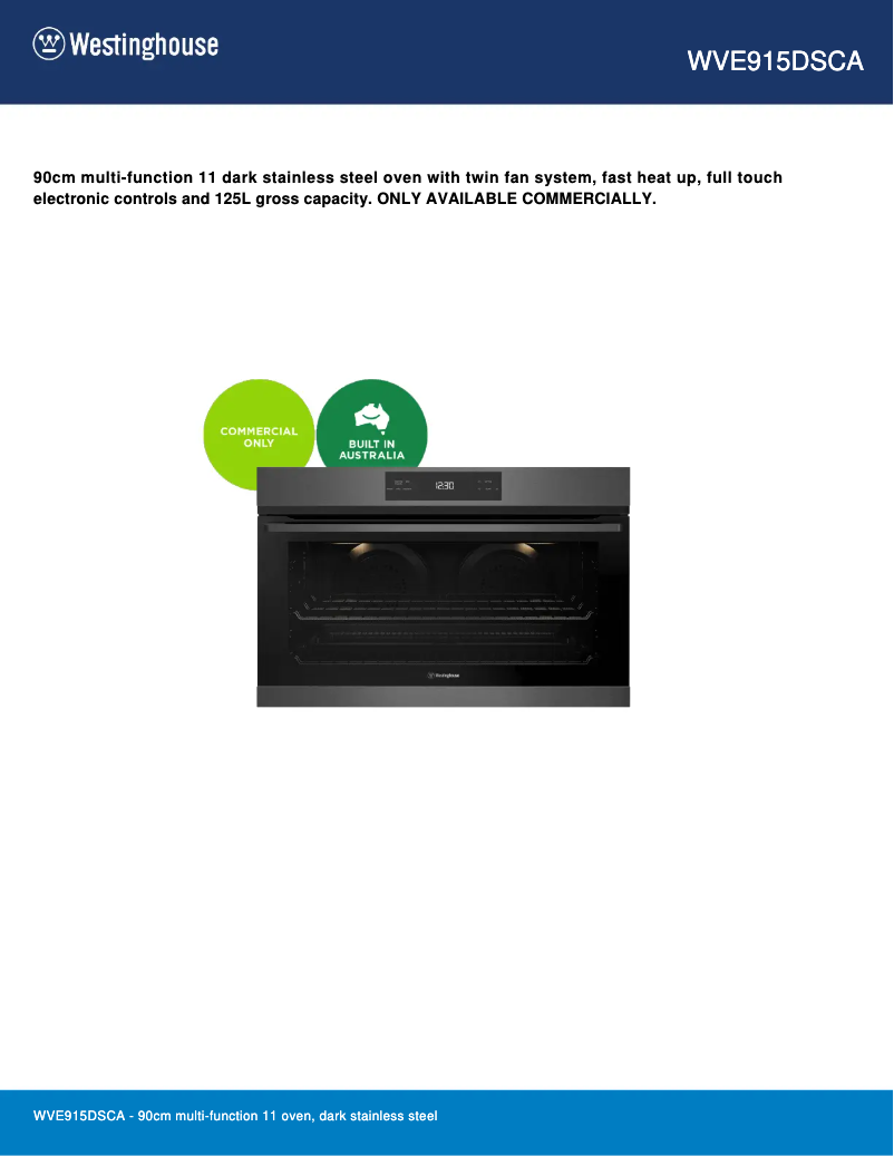 Page 1 de la notice Fiche technique Westinghouse WVE915DSCA