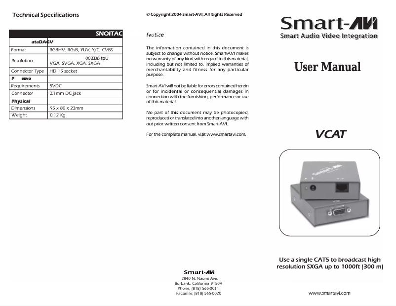 Page 1 de la notice Manuel utilisateur Smart-AVI VCT-RX100S