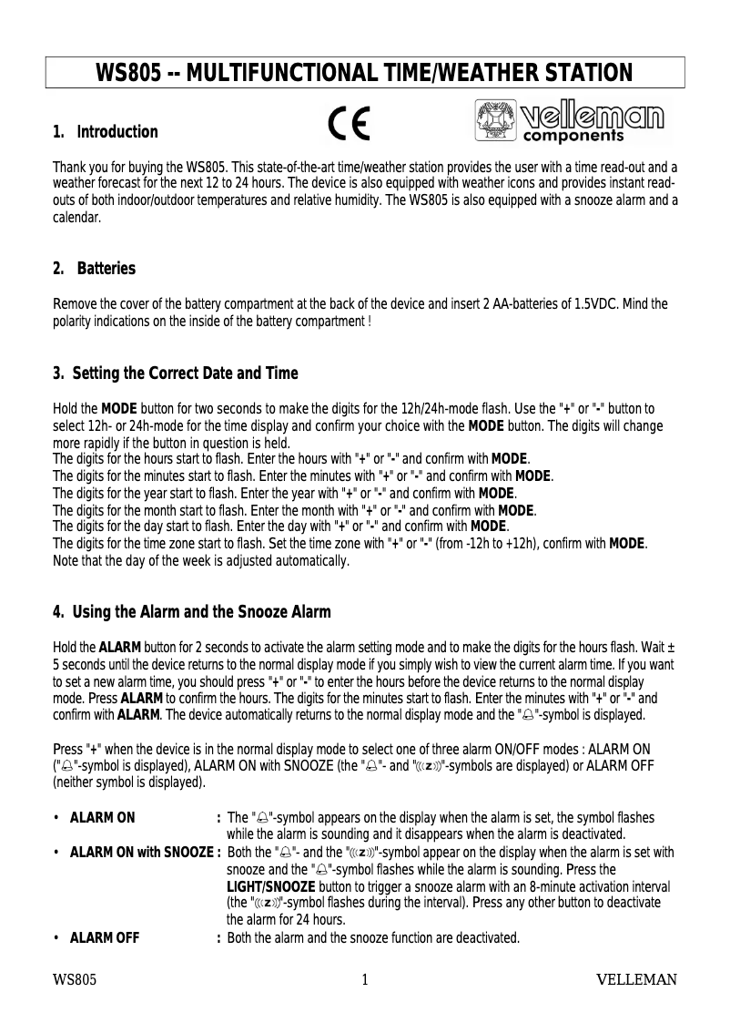Página 1 del manual Manual de usuario Velleman WS805