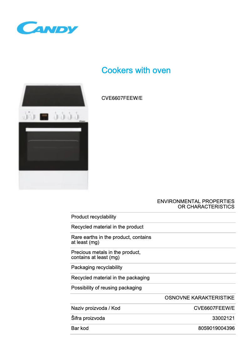 Page 1 de la notice Fiche technique Candy CVE6607FEEW/E