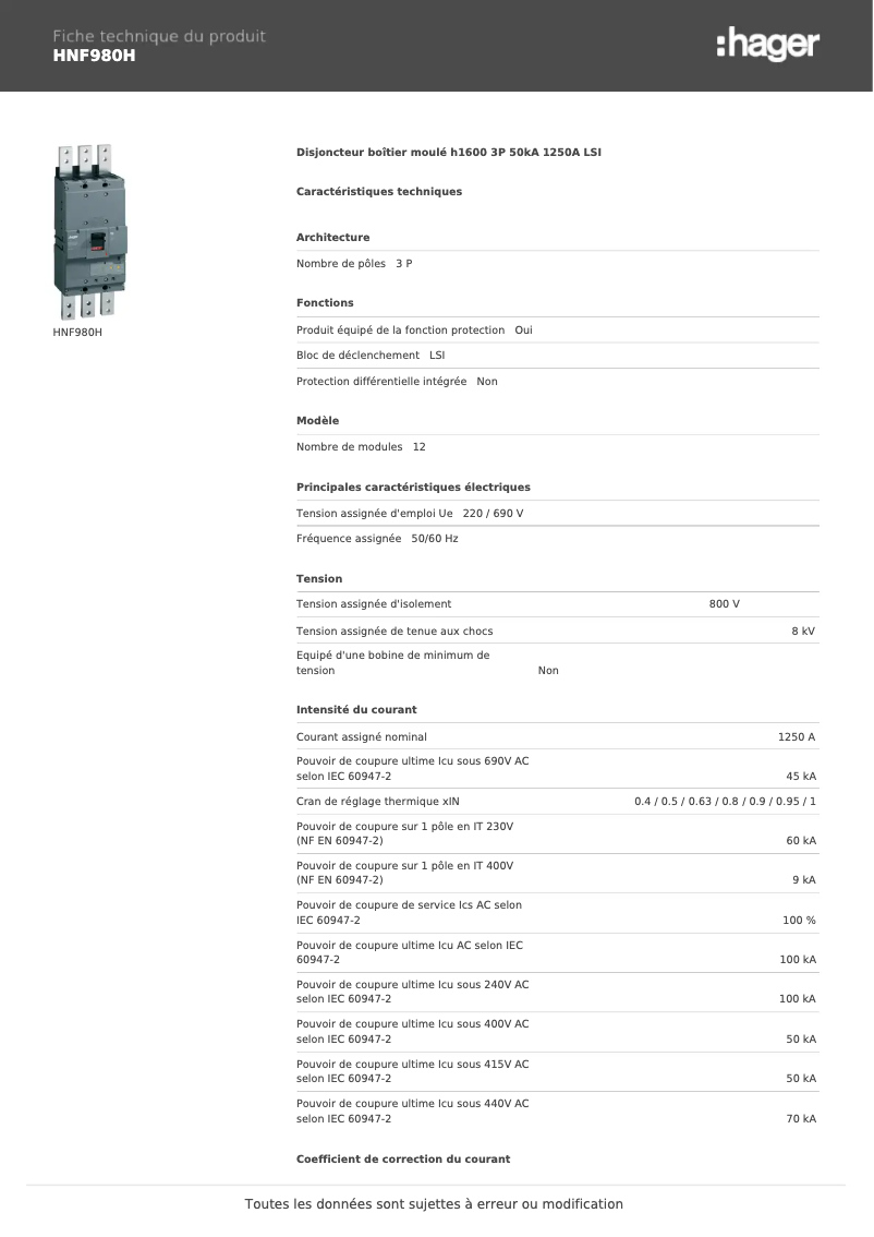 Page 1 de la notice Fiche technique Hager HNF980H