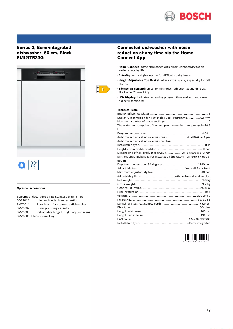 Page 1 de la notice Fiche technique Bosch Serie 2 SMI2ITB33G