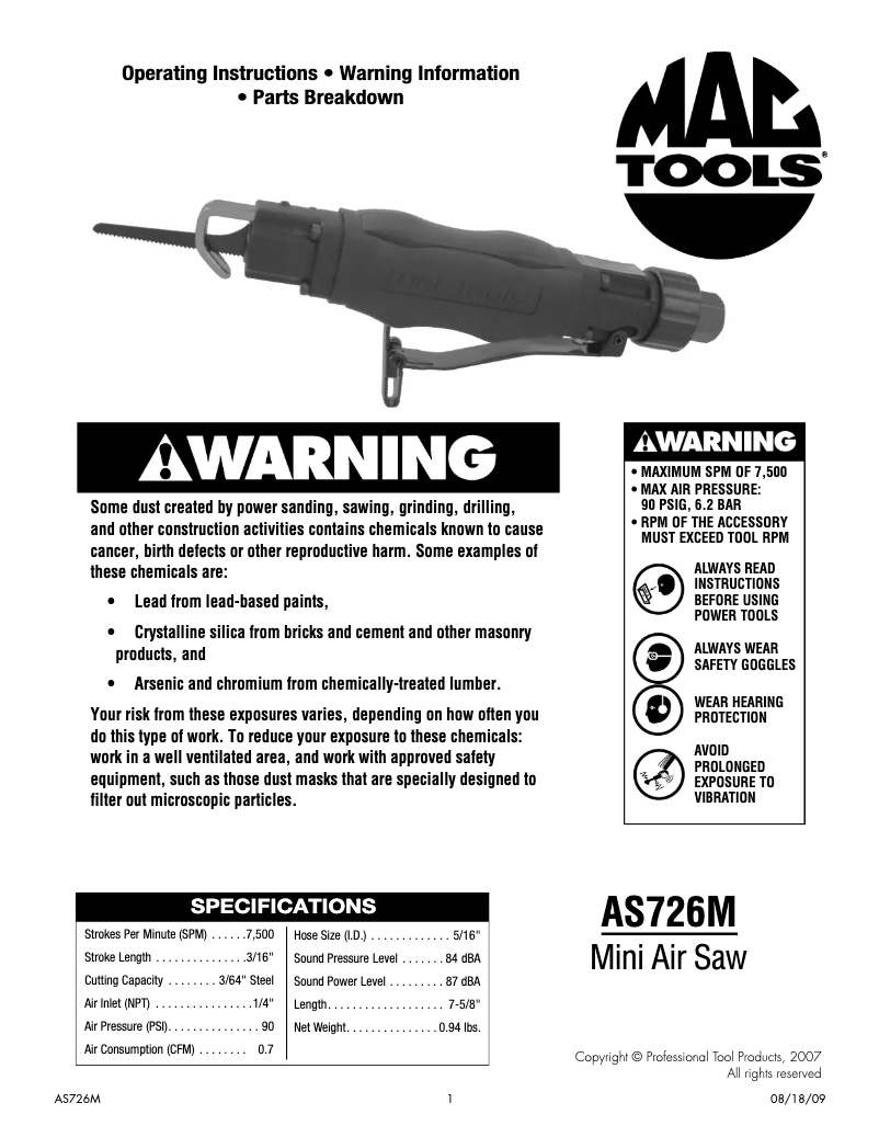Page 1 de la notice Manuel utilisateur Mac Tools AS726M