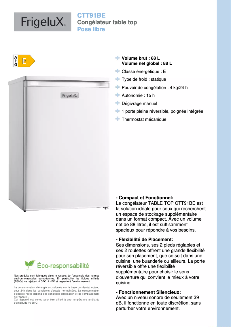 Page 1 de la notice Fiche technique FrigeluX CTT91BE