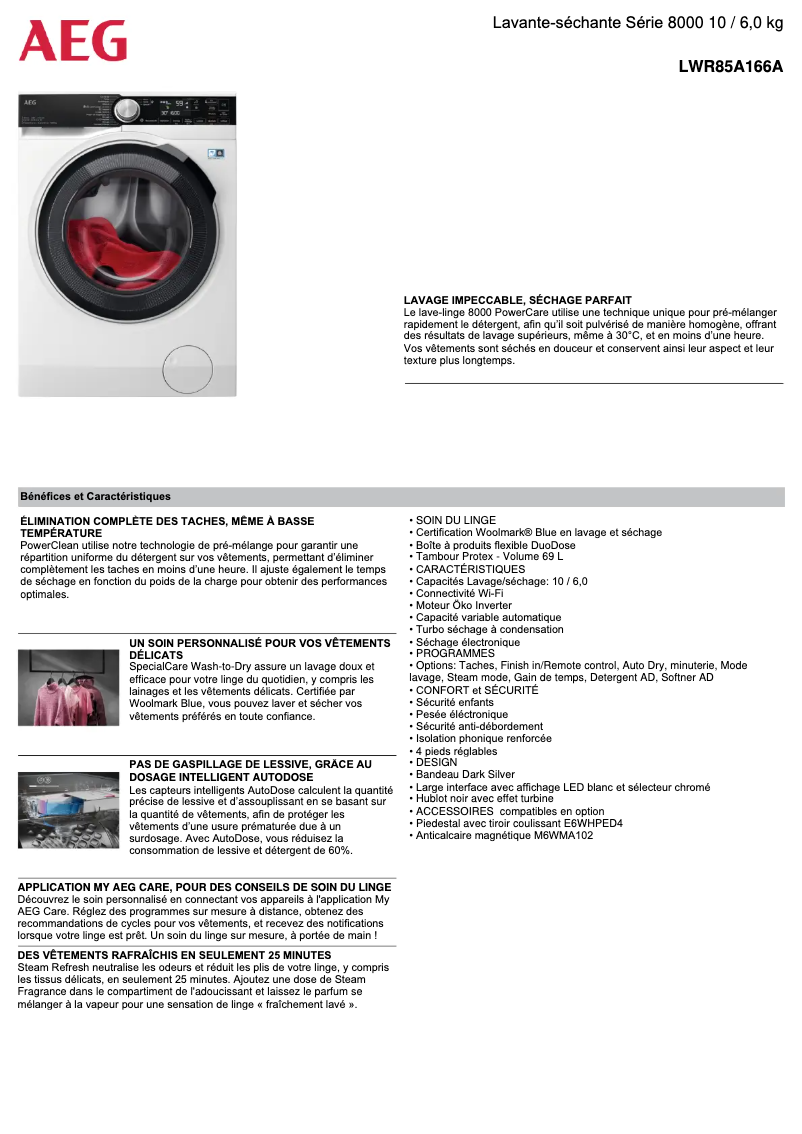 Page 1 de la notice Fiche technique AEG LWR85A166A