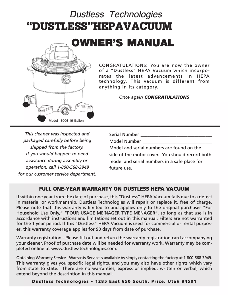 Page n°1 - Manuel utilisateur Dustless 16006