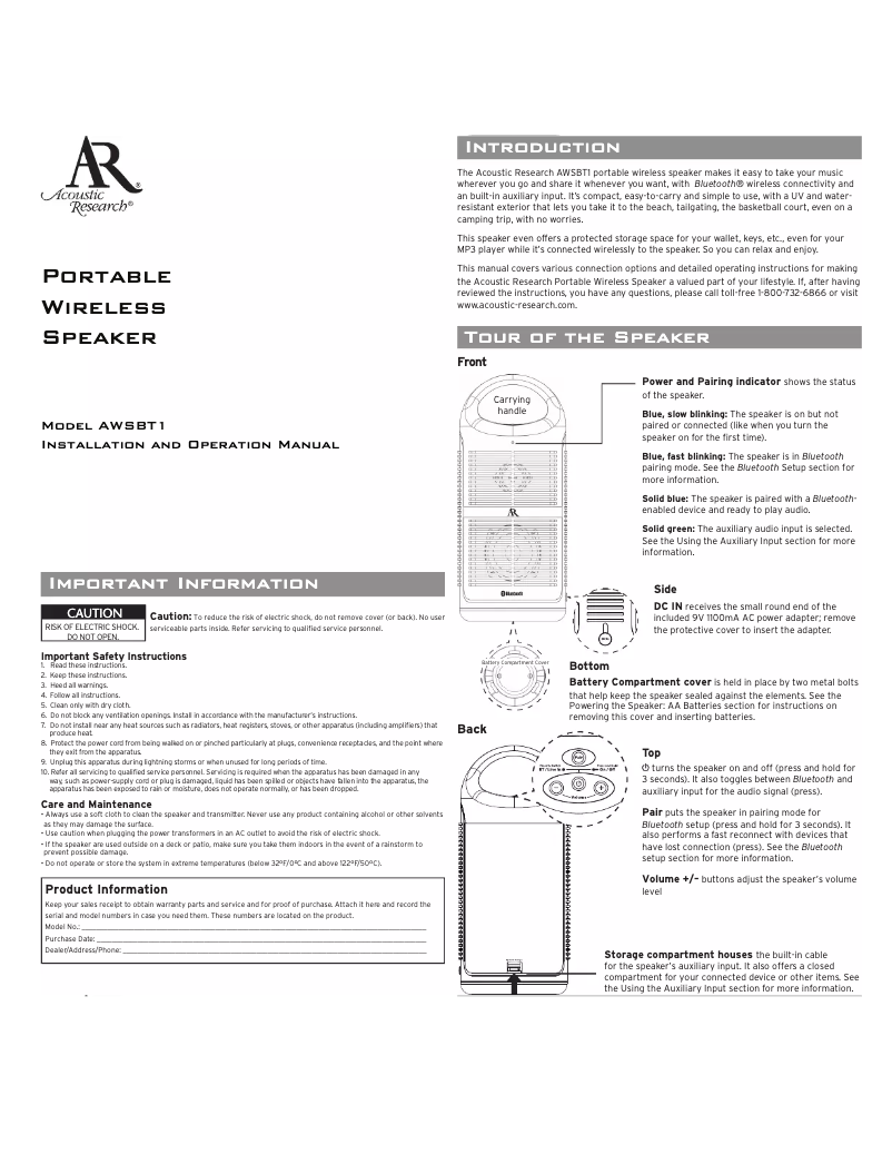 Page n°1 - Manuel utilisateur VOXX AWSBT1
