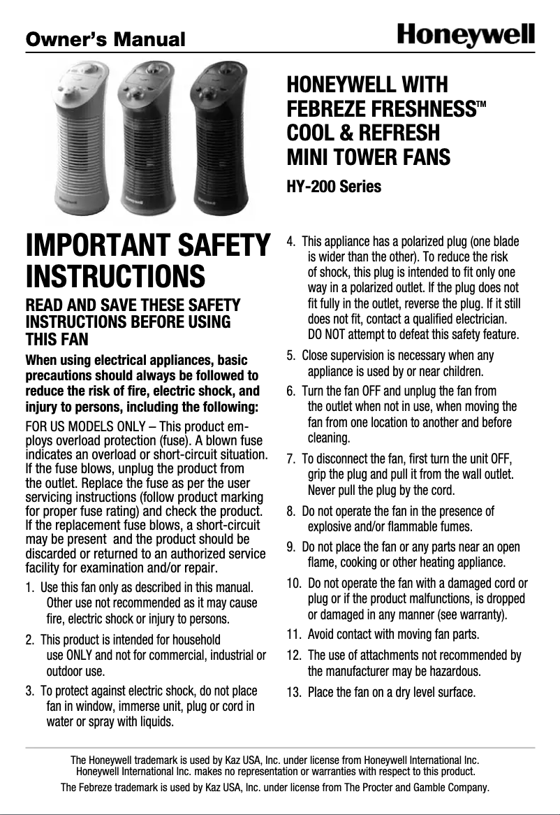 Page 1 de la notice Manuel utilisateur Honeywell Febreze Freshness HY-201