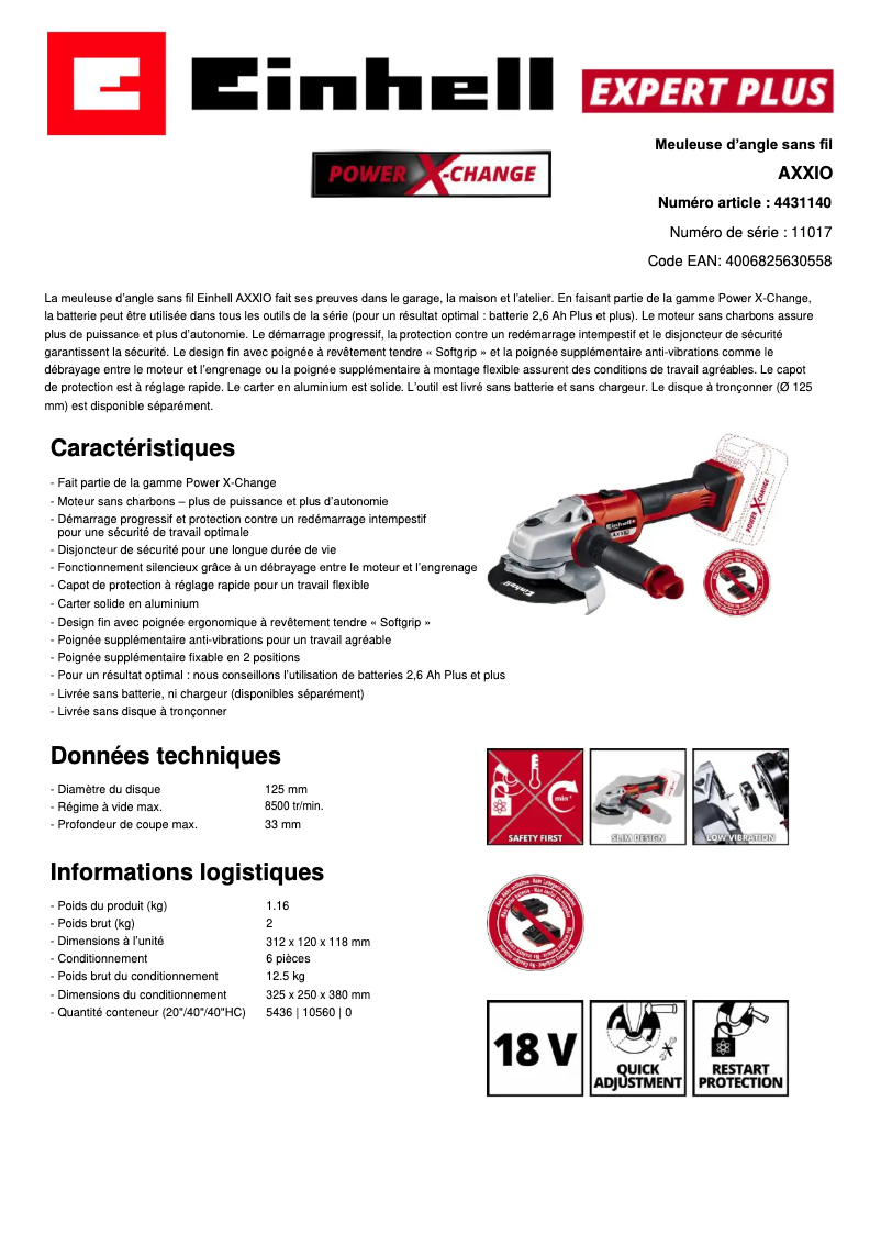 Page 1 de la notice Fiche technique Einhell AXXIO