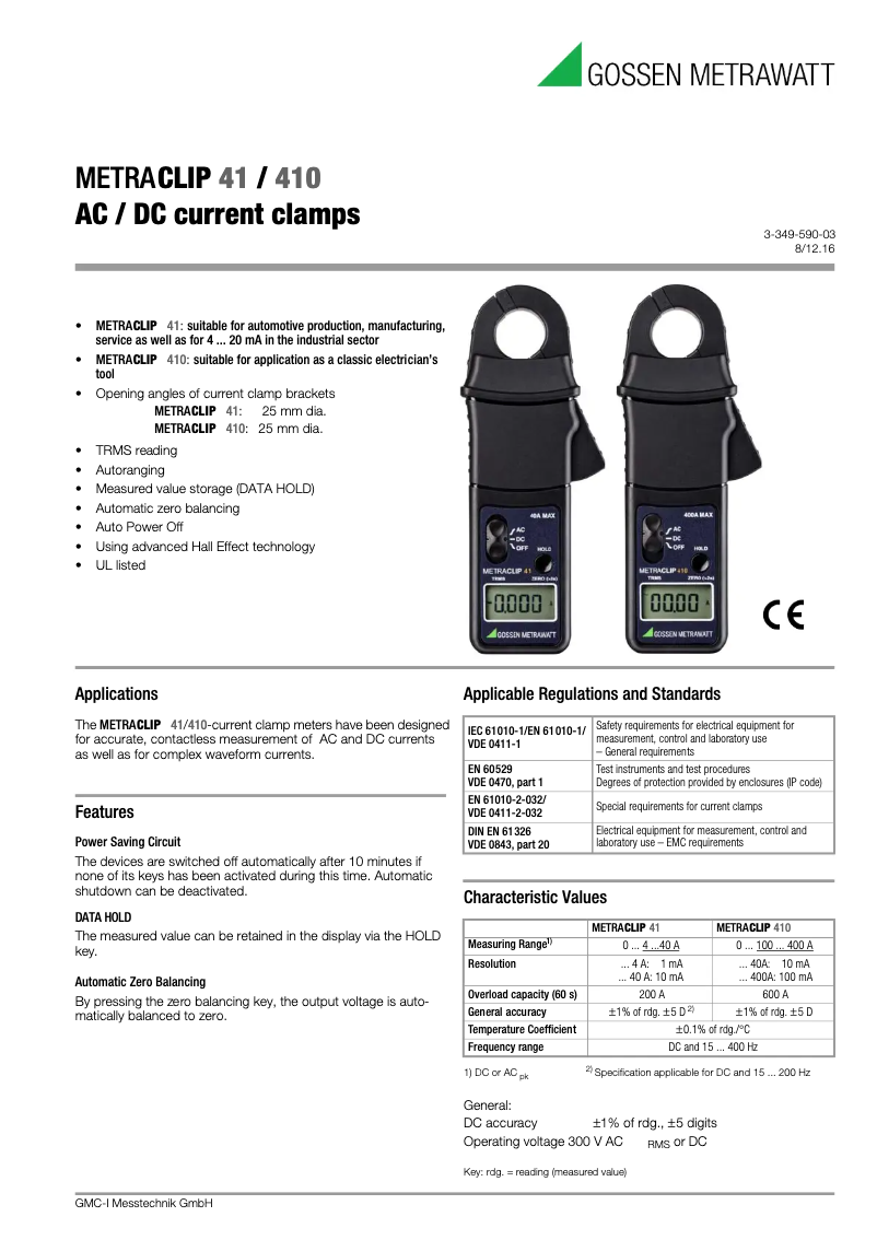 Page 1 de la notice Fiche technique Gossen Metrawatt MetraClip 41