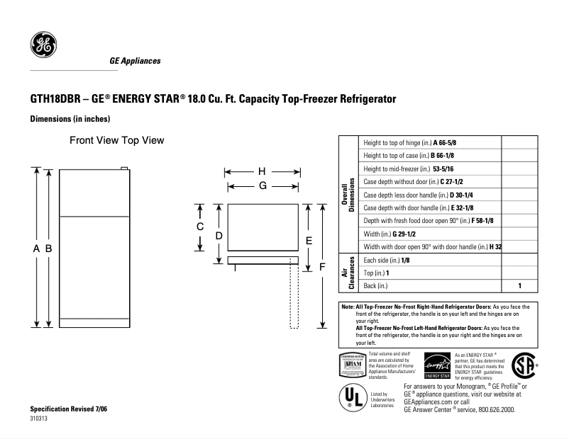 Página 1 del manual Ficha técnica GE GTH18DBRRWW
