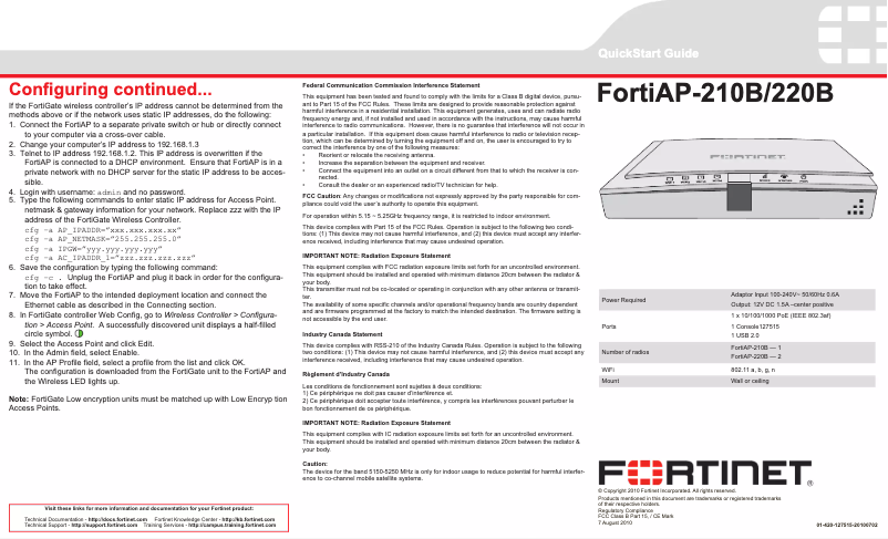 Page 1 de la notice Manuel utilisateur Fortinet FortiAP 220B
