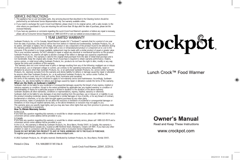 Page n°1 - Manuel utilisateur Crock-Pot CPSCLC20-N4