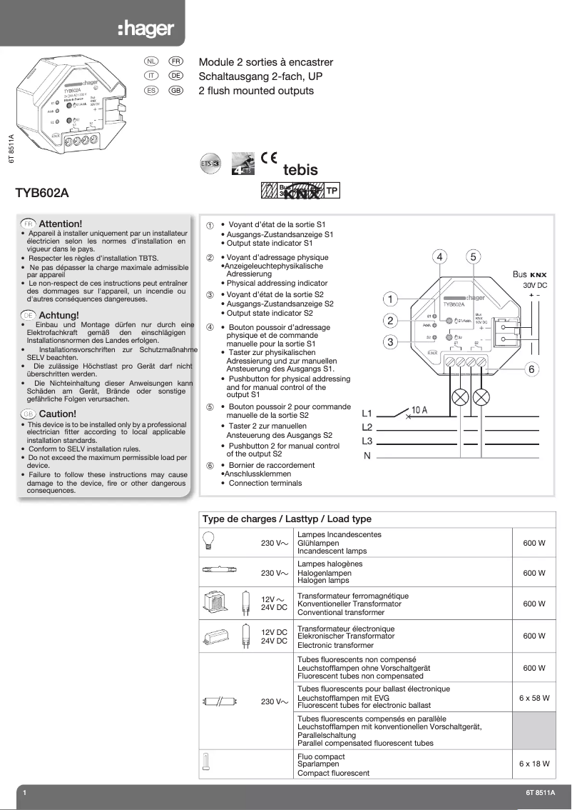Page n°1 - Manuel utilisateur Hager TYB602A